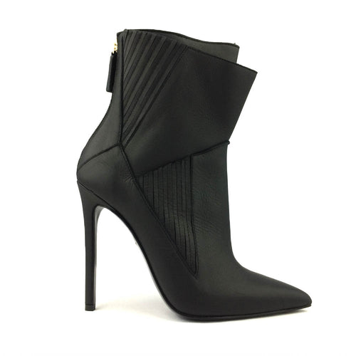A black leather high heel ankle boot with a rear zipper and distinctive architectural design.